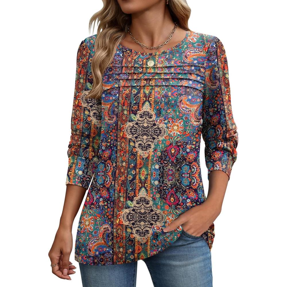 imageZeagoo Long Sleeve Shirts for Women Casual Fall Fashion Crewneck Pleated Tunic Tops Work Outfit BlouseBoho Multicolor 721
