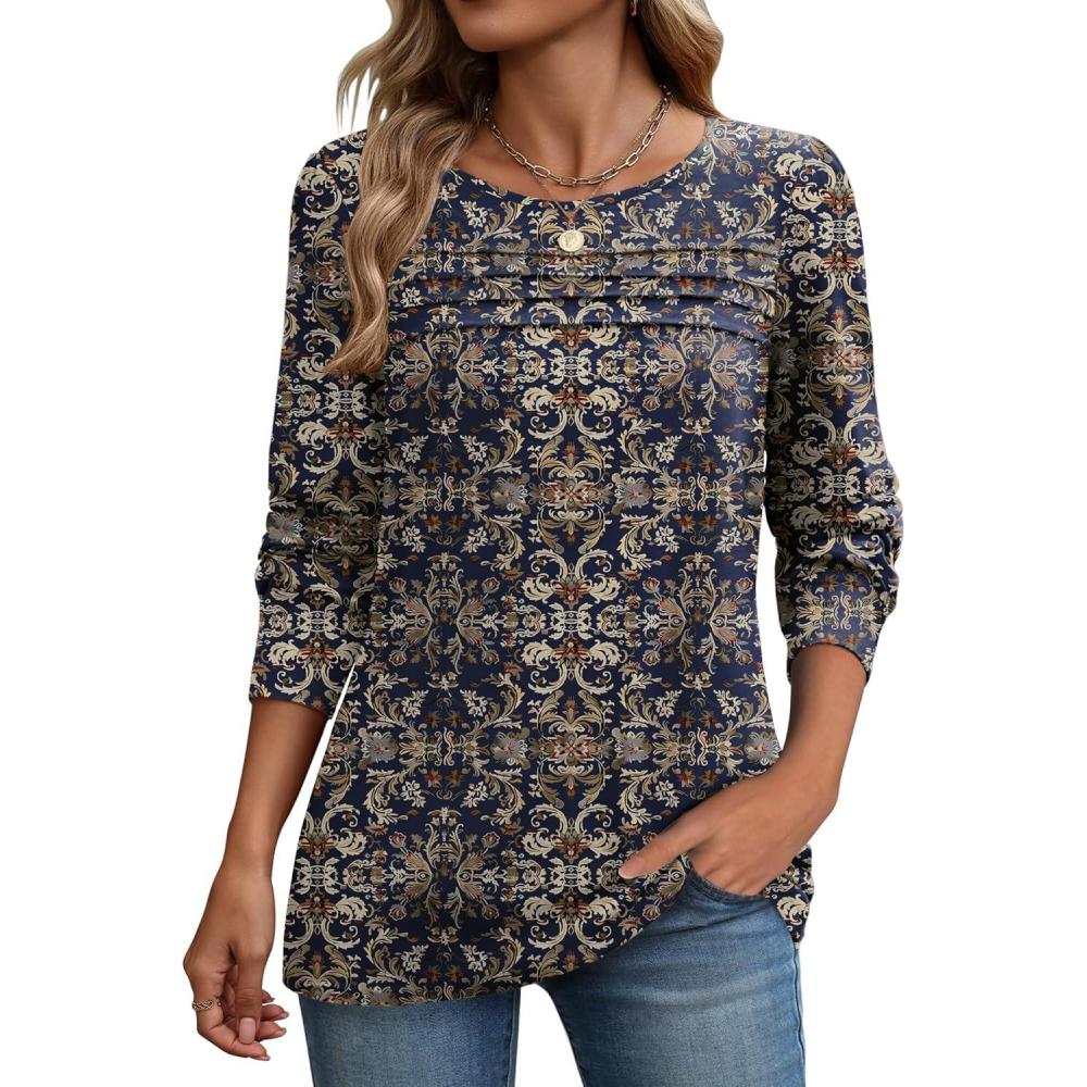 imageZeagoo Long Sleeve Shirts for Women Casual Fall Fashion Crewneck Pleated Tunic Tops Work Outfit BlouseBoho Navy 869