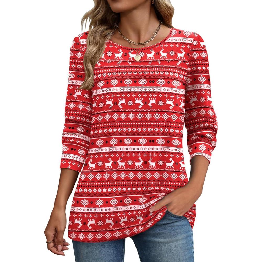 imageZeagoo Long Sleeve Shirts for Women Casual Fall Fashion Crewneck Pleated Tunic Tops Work Outfit BlouseChristmas Red 142
