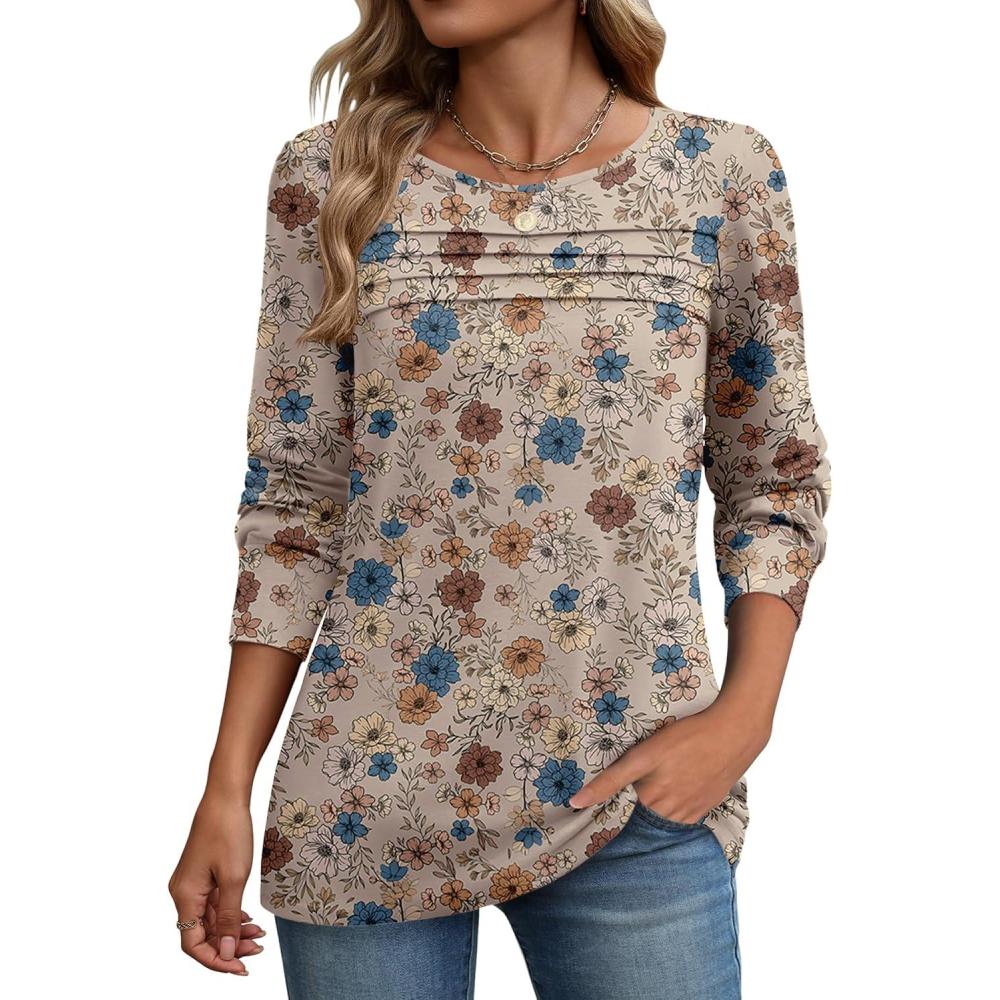 imageZeagoo Long Sleeve Shirts for Women Casual Fall Fashion Crewneck Pleated Tunic Tops Work Outfit BlouseFloral 170