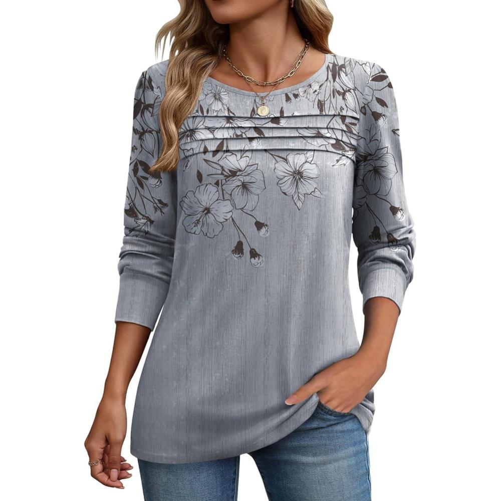 imageZeagoo Long Sleeve Shirts for Women Casual Fall Fashion Crewneck Pleated Tunic Tops Work Outfit BlouseFloral Grey 62