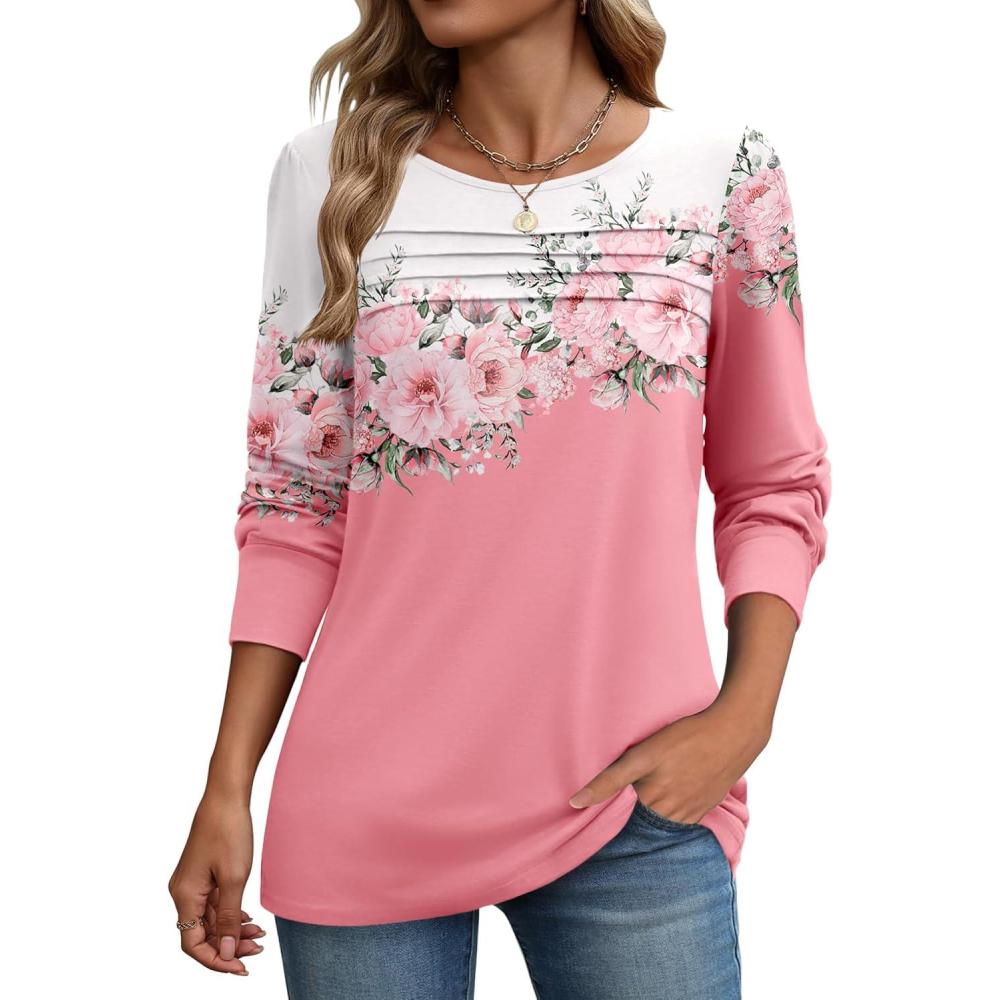 imageZeagoo Long Sleeve Shirts for Women Casual Fall Fashion Crewneck Pleated Tunic Tops Work Outfit BlouseFloral Pink 122