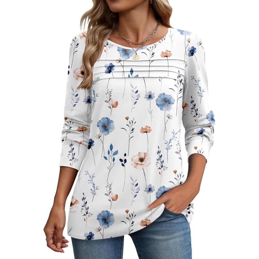 imageZeagoo Long Sleeve Shirts for Women Casual Fall Fashion Crewneck Pleated Tunic Tops Work Outfit BlouseFloral White 112