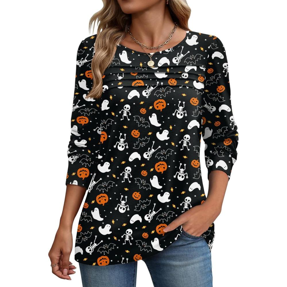 imageZeagoo Long Sleeve Shirts for Women Casual Fall Fashion Crewneck Pleated Tunic Tops Work Outfit BlouseHalloween Black