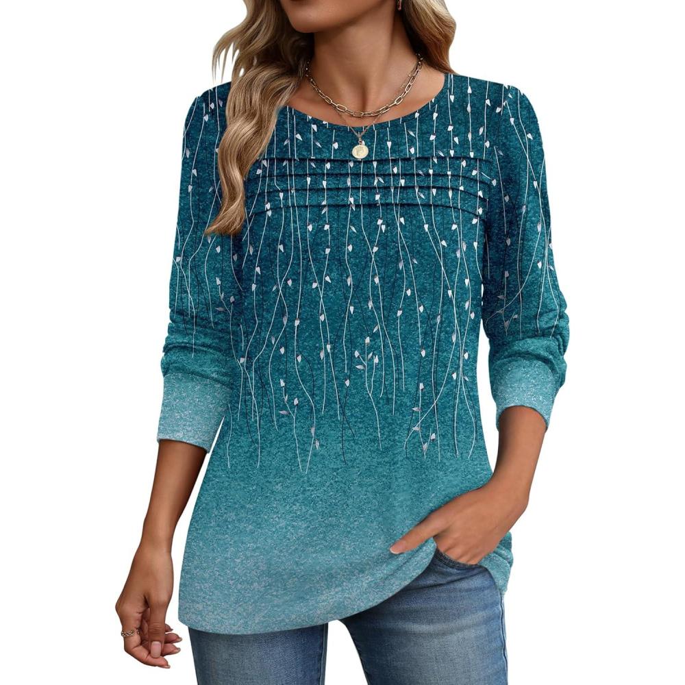 imageZeagoo Long Sleeve Shirts for Women Casual Fall Fashion Crewneck Pleated Tunic Tops Work Outfit BlouseLeaf Green 363