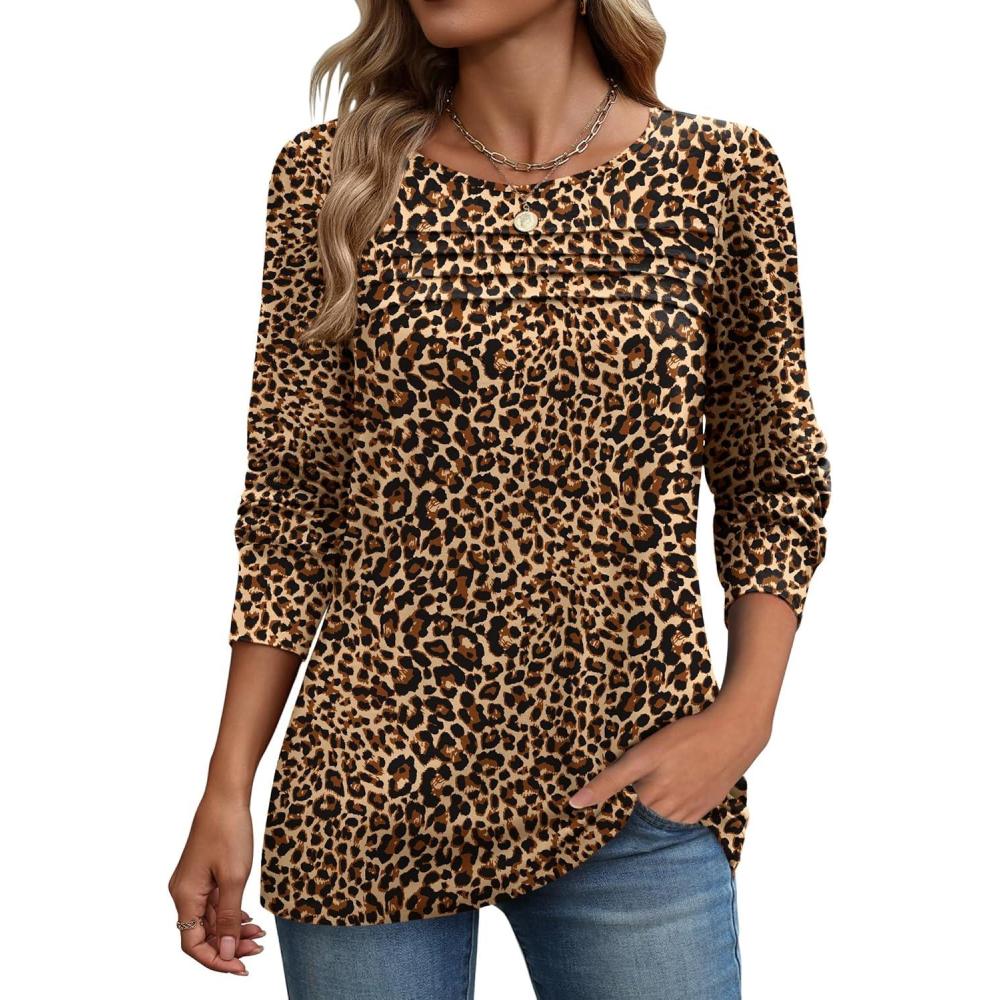 imageZeagoo Long Sleeve Shirts for Women Casual Fall Fashion Crewneck Pleated Tunic Tops Work Outfit BlouseLeopard 136