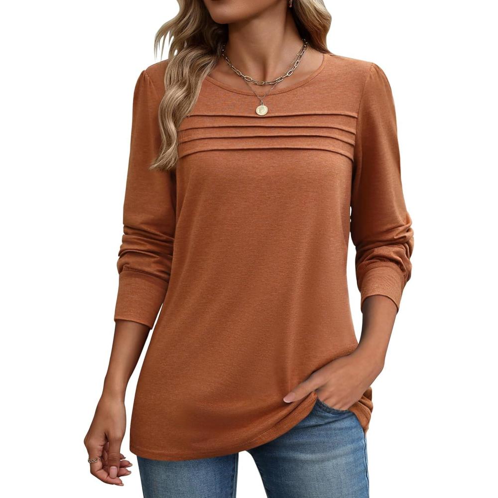 imageZeagoo Long Sleeve Shirts for Women Casual Fall Fashion Crewneck Pleated Tunic Tops Work Outfit BlouseMaple
