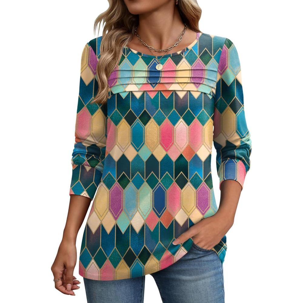imageZeagoo Long Sleeve Shirts for Women Casual Fall Fashion Crewneck Pleated Tunic Tops Work Outfit BlouseMulticolor 517