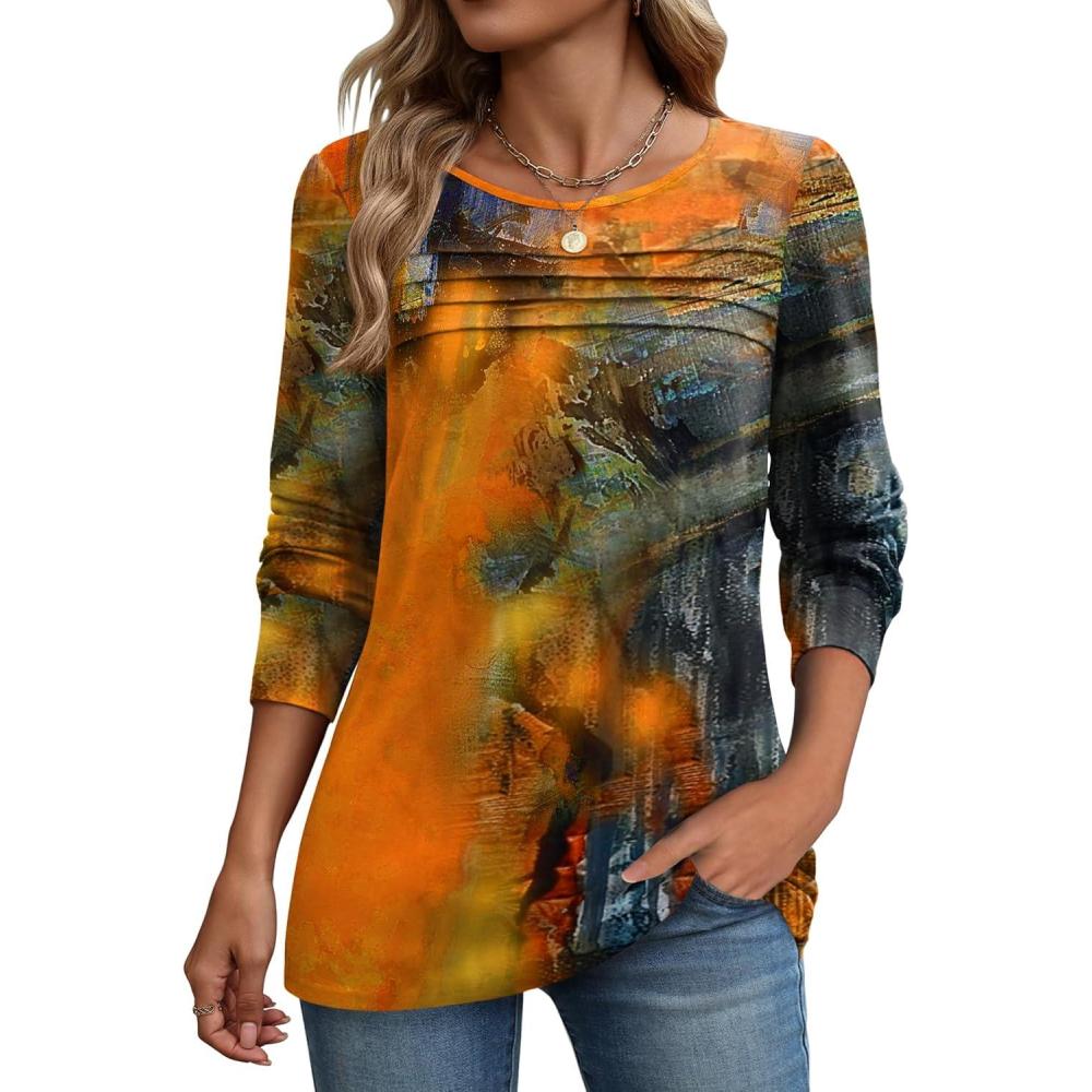 imageZeagoo Long Sleeve Shirts for Women Casual Fall Fashion Crewneck Pleated Tunic Tops Work Outfit BlousePrinted Orange 272