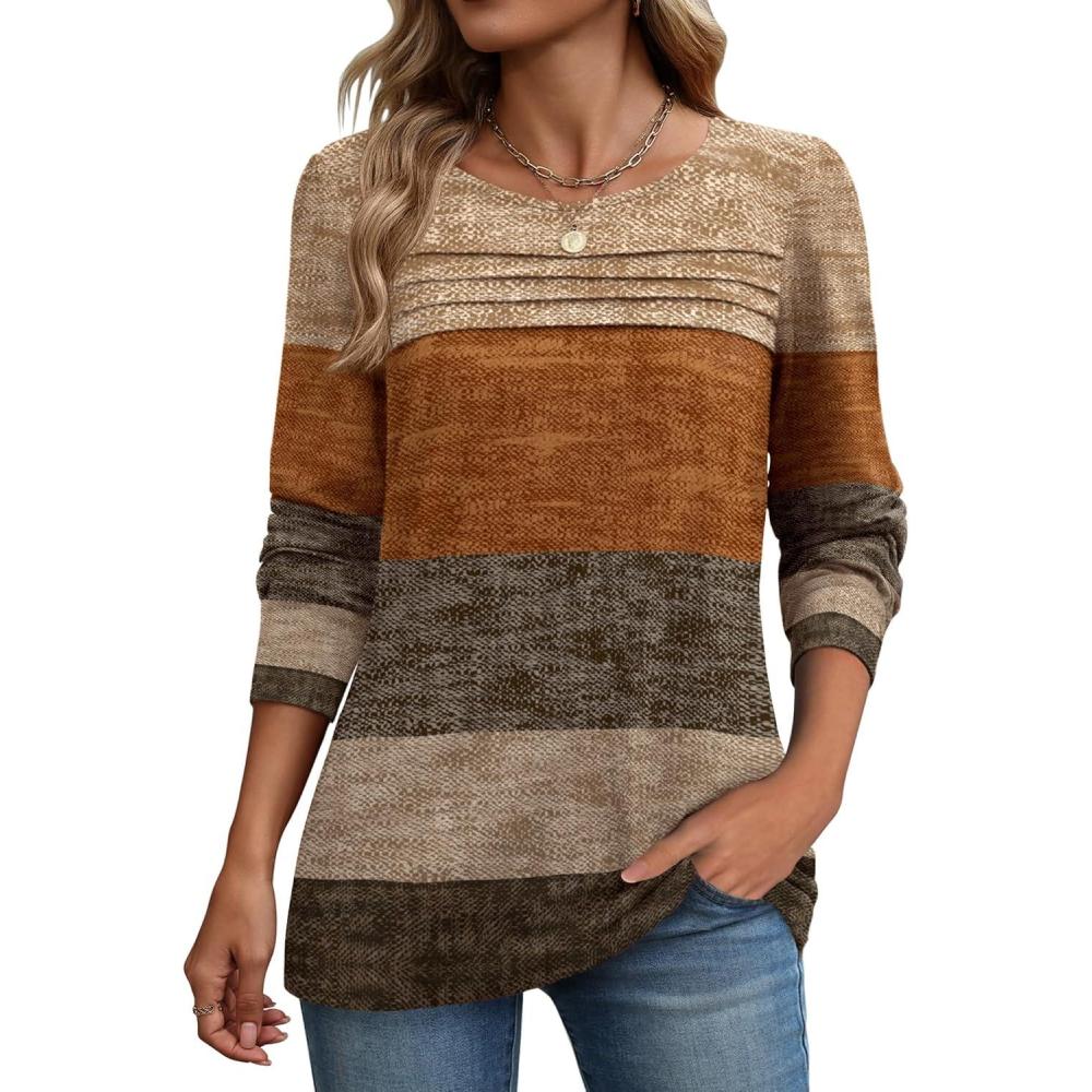 imageZeagoo Long Sleeve Shirts for Women Casual Fall Fashion Crewneck Pleated Tunic Tops Work Outfit BlouseStripes Brown 398