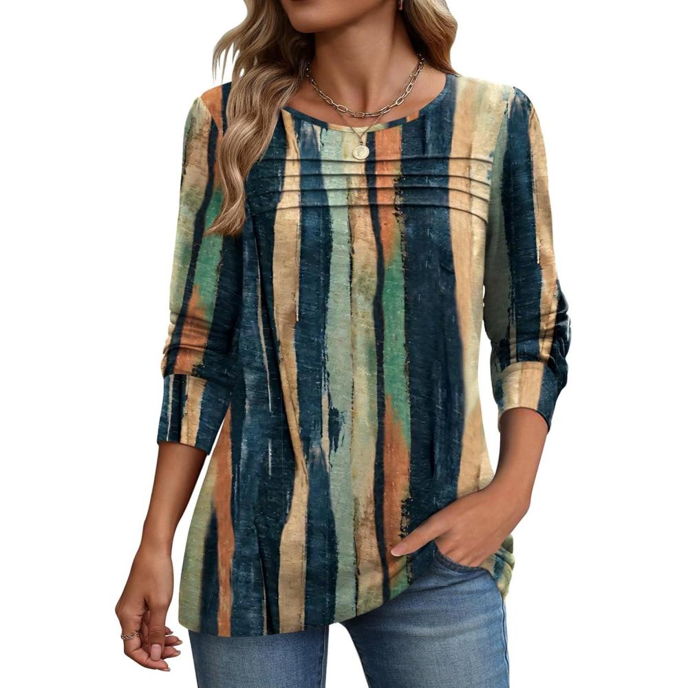 imageZeagoo Long Sleeve Shirts for Women Casual Fall Fashion Crewneck Pleated Tunic Tops Work Outfit BlouseStripes Multicolor 289
