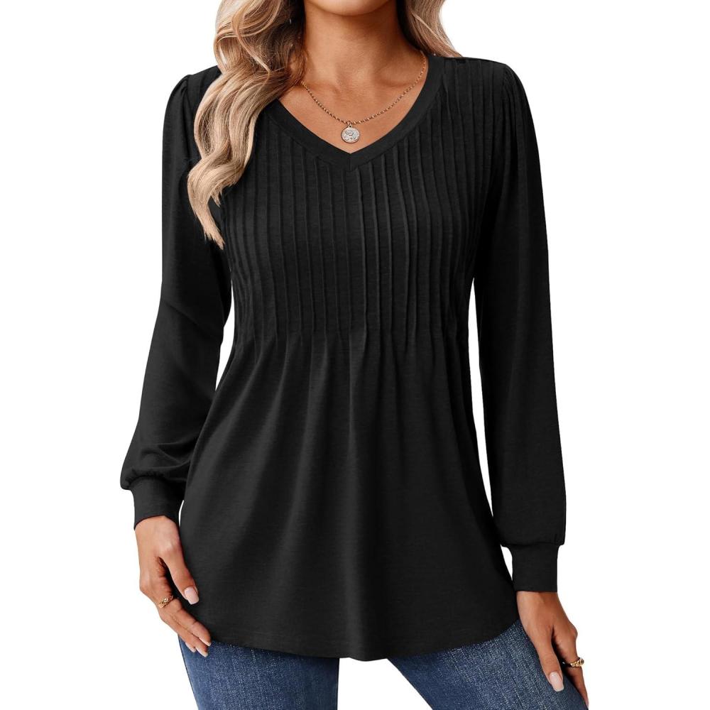 imageZeagoo Long Sleeve Shirts for Women Casual V Neck Top Pleated Floral Boho Blouses 2026 Fall TunicsBlack