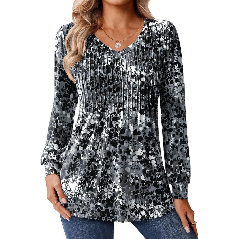 imageZeagoo Long Sleeve Shirts for Women Casual V Neck Top Pleated Floral Boho Blouses 2026 Fall TunicsCx273
