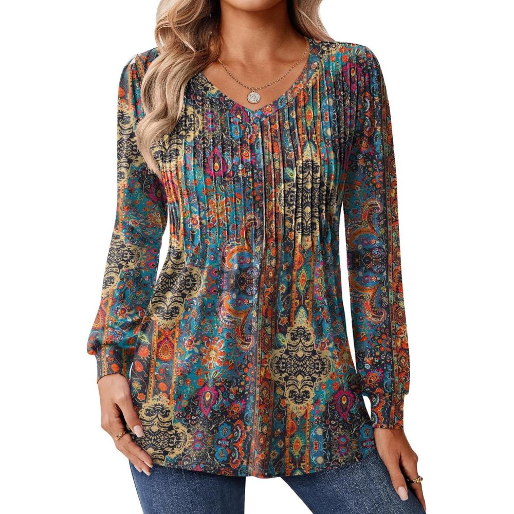 imageZeagoo Long Sleeve Shirts for Women Casual V Neck Top Pleated Floral Boho Blouses 2026 Fall TunicsMz721