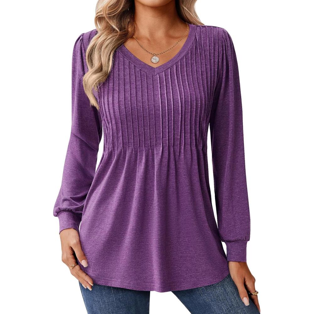 imageZeagoo Long Sleeve Shirts for Women Casual V Neck Top Pleated Floral Boho Blouses 2026 Fall TunicsPurple