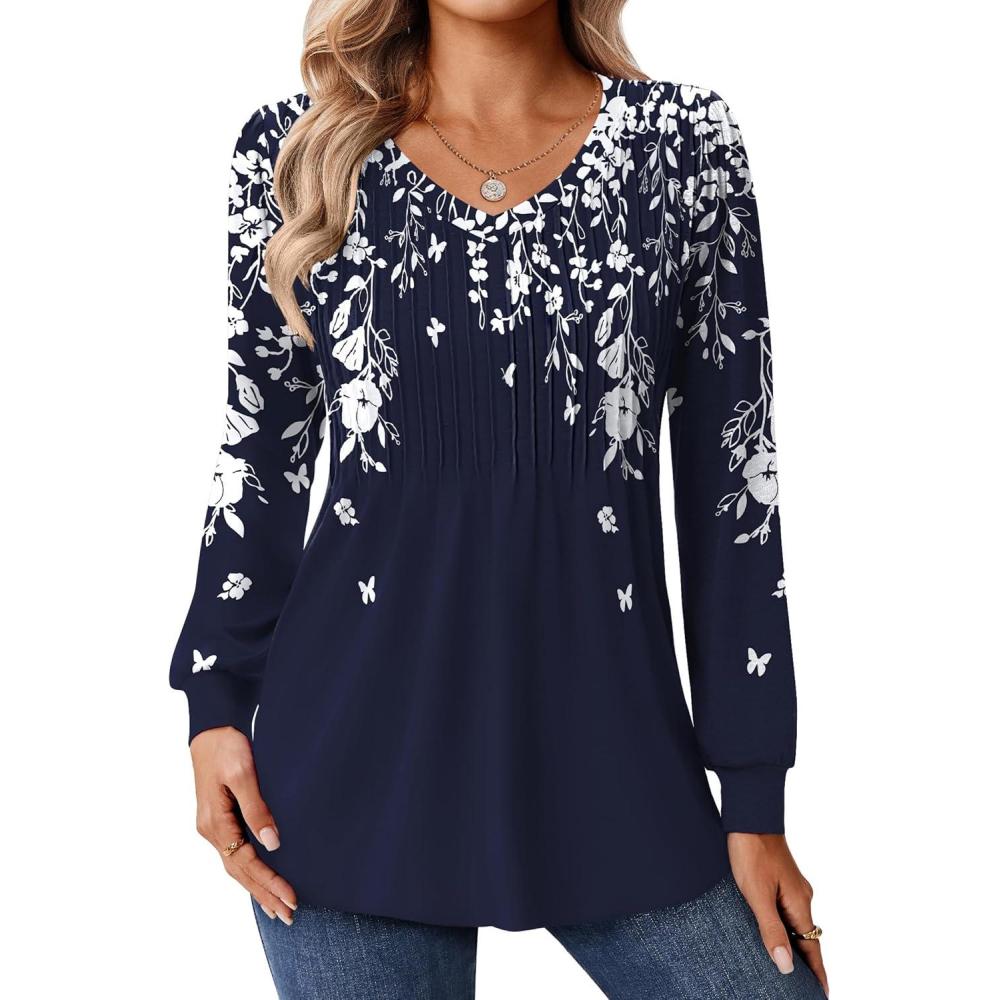 imageZeagoo Long Sleeve Shirts for Women Casual V Neck Top Pleated Floral Boho Blouses 2026 Fall TunicsSf103 Navy Color