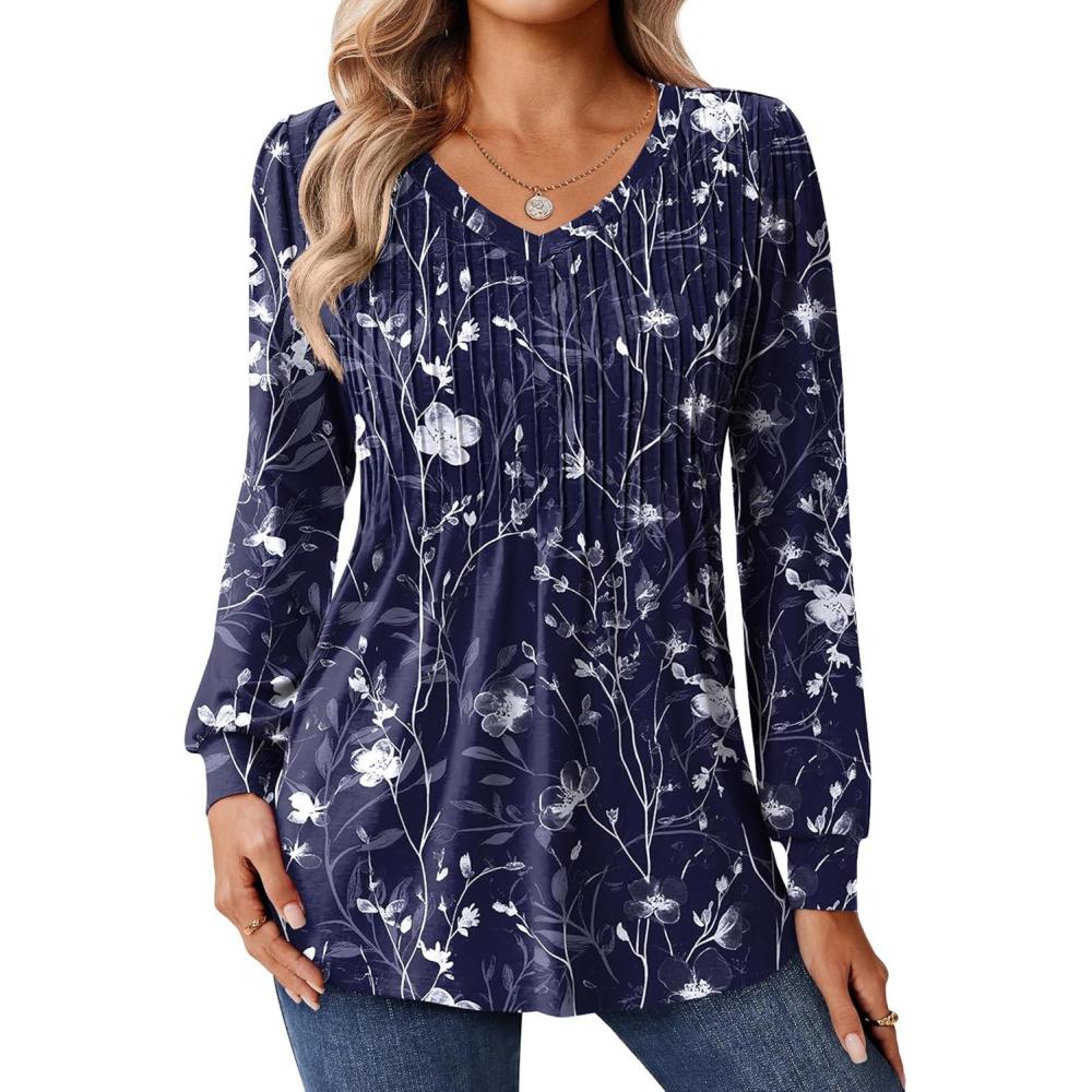 imageZeagoo Long Sleeve Shirts for Women Casual V Neck Top Pleated Floral Boho Blouses 2026 Fall TunicsSf180