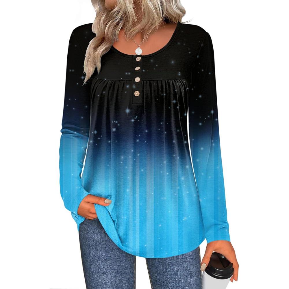 imageZeagoo Long Sleeve Shirts for Women Fall Fashion Dressy Casual Blouses Trendy Pleated Tunic Tops for Leggings 2025Black Bluejb207