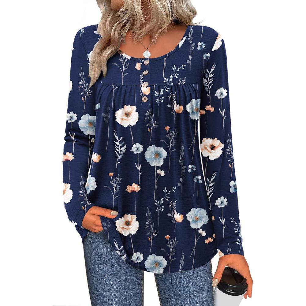 imageZeagoo Long Sleeve Shirts for Women Fall Fashion Dressy Casual Blouses Trendy Pleated Tunic Tops for Leggings 2025Blue Flowerbf318