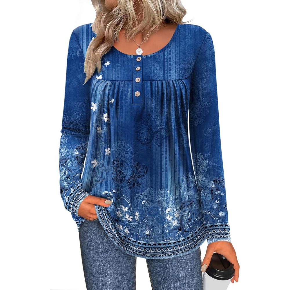 imageZeagoo Long Sleeve Shirts for Women Fall Fashion Dressy Casual Blouses Trendy Pleated Tunic Tops for Leggings 2025Blue Flowermz845