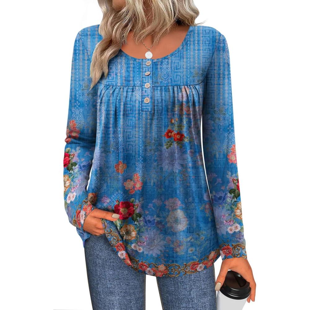 imageZeagoo Long Sleeve Shirts for Women Fall Fashion Dressy Casual Blouses Trendy Pleated Tunic Tops for Leggings 2025Blue Printmz876