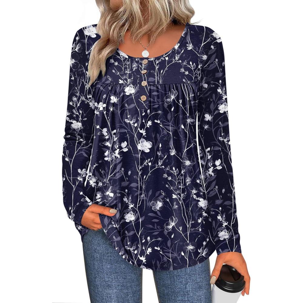 imageZeagoo Long Sleeve Shirts for Women Fall Fashion Dressy Casual Blouses Trendy Pleated Tunic Tops for Leggings 2025Bluesf180