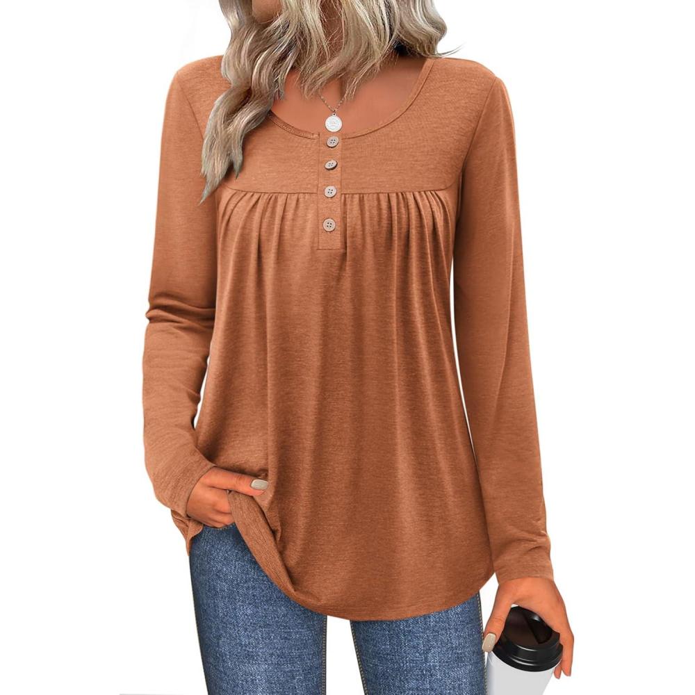 imageZeagoo Long Sleeve Shirts for Women Fall Fashion Dressy Casual Blouses Trendy Pleated Tunic Tops for Leggings 2025Caramel