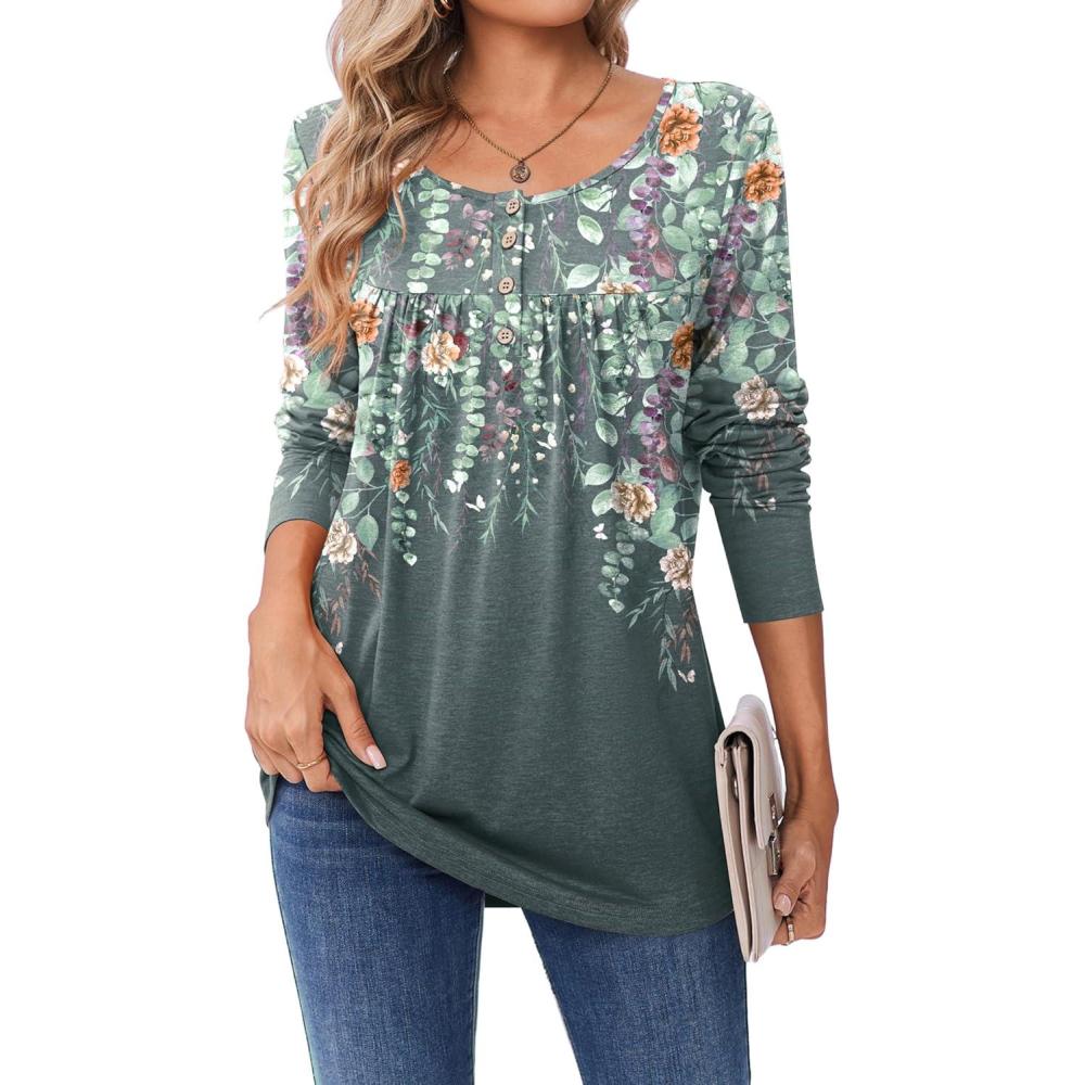 imageZeagoo Long Sleeve Shirts for Women Fall Fashion Dressy Casual Blouses Trendy Pleated Tunic Tops for Leggings 2025Gray Printwf71