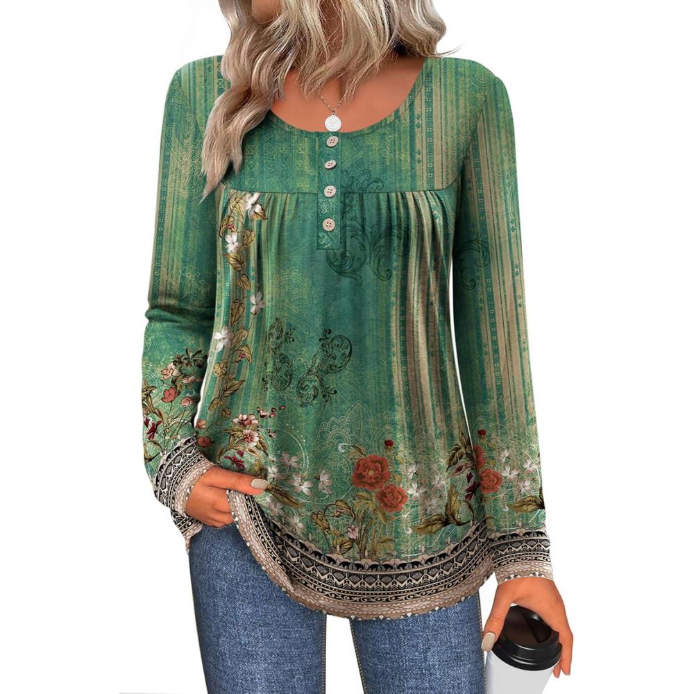 imageZeagoo Long Sleeve Shirts for Women Fall Fashion Dressy Casual Blouses Trendy Pleated Tunic Tops for Leggings 2025Green Flowermz839