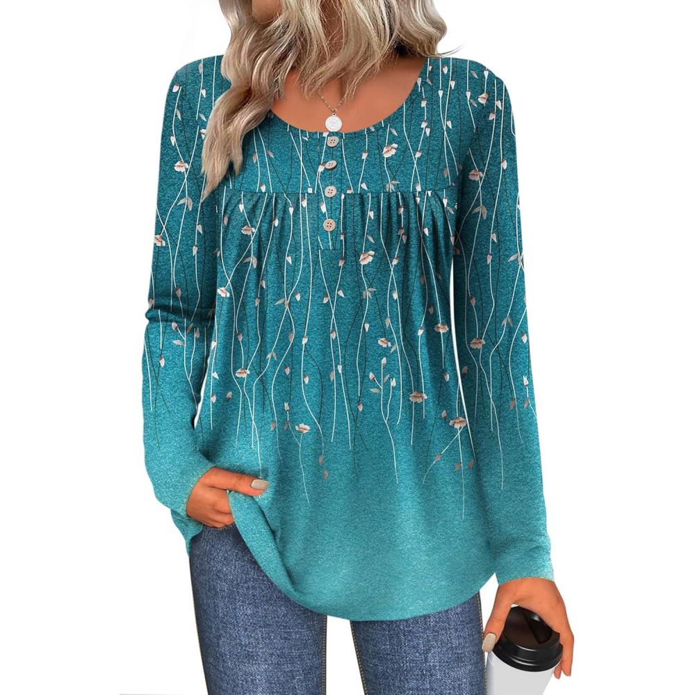 imageZeagoo Long Sleeve Shirts for Women Fall Fashion Dressy Casual Blouses Trendy Pleated Tunic Tops for Leggings 2025Green Leavexh363
