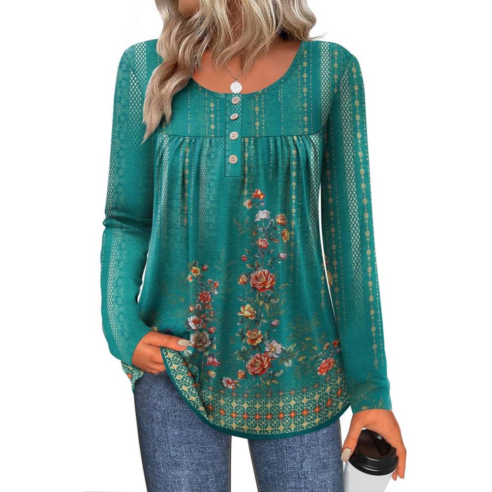 imageZeagoo Long Sleeve Shirts for Women Fall Fashion Dressy Casual Blouses Trendy Pleated Tunic Tops for Leggings 2025Green Printmz871