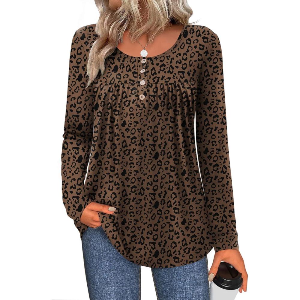 imageZeagoo Long Sleeve Shirts for Women Fall Fashion Dressy Casual Blouses Trendy Pleated Tunic Tops for Leggings 2025Leopardan427