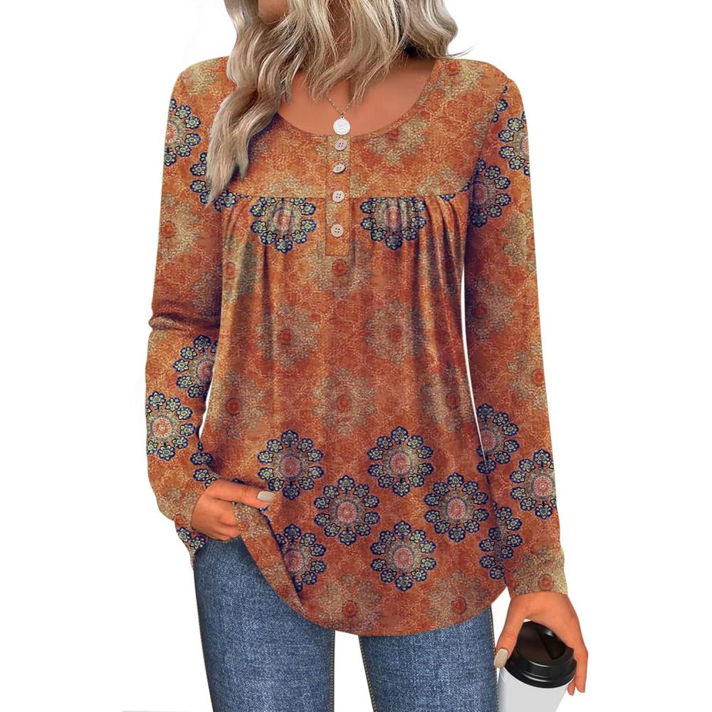 imageZeagoo Long Sleeve Shirts for Women Fall Fashion Dressy Casual Blouses Trendy Pleated Tunic Tops for Leggings 2025Orangemz836