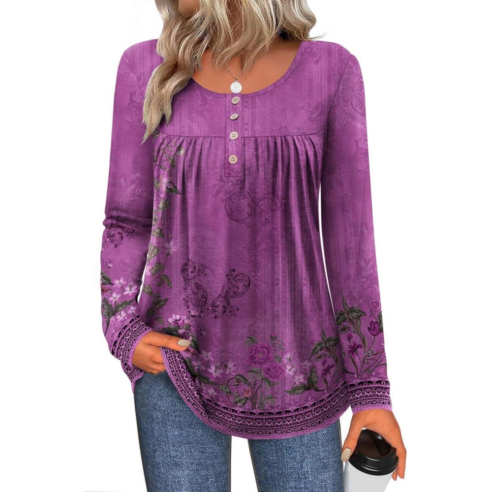 imageZeagoo Long Sleeve Shirts for Women Fall Fashion Dressy Casual Blouses Trendy Pleated Tunic Tops for Leggings 2025Purple Flowermz841