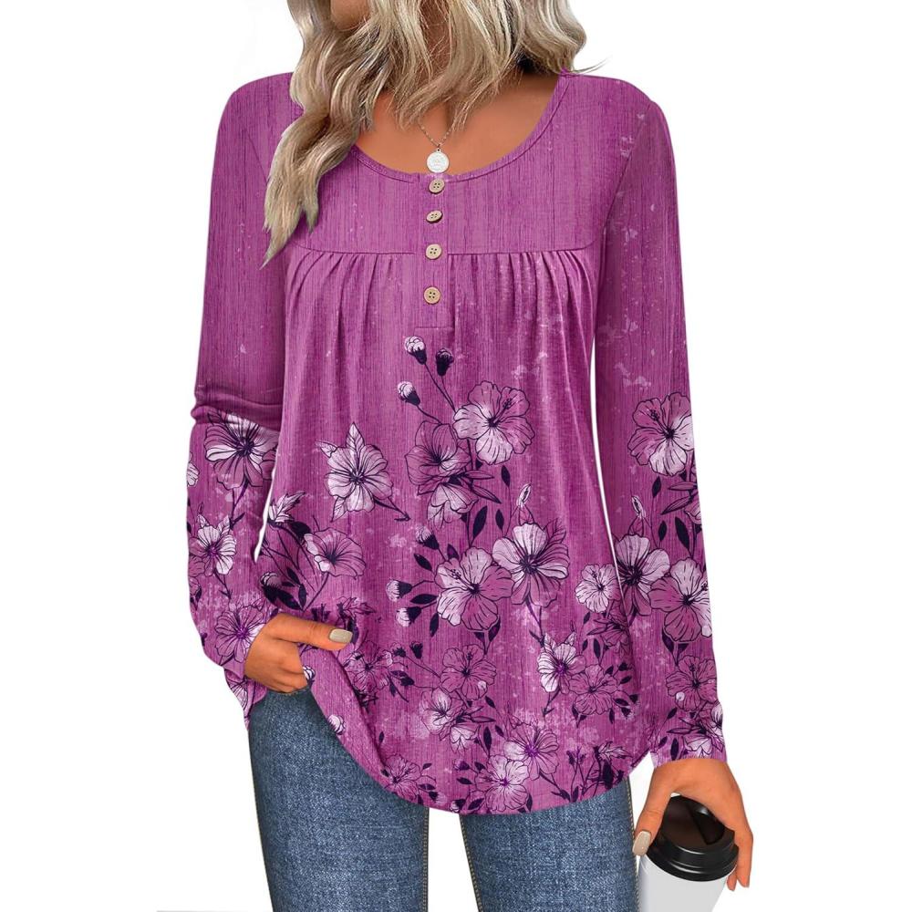 imageZeagoo Long Sleeve Shirts for Women Fall Fashion Dressy Casual Blouses Trendy Pleated Tunic Tops for Leggings 2025Purplesf219