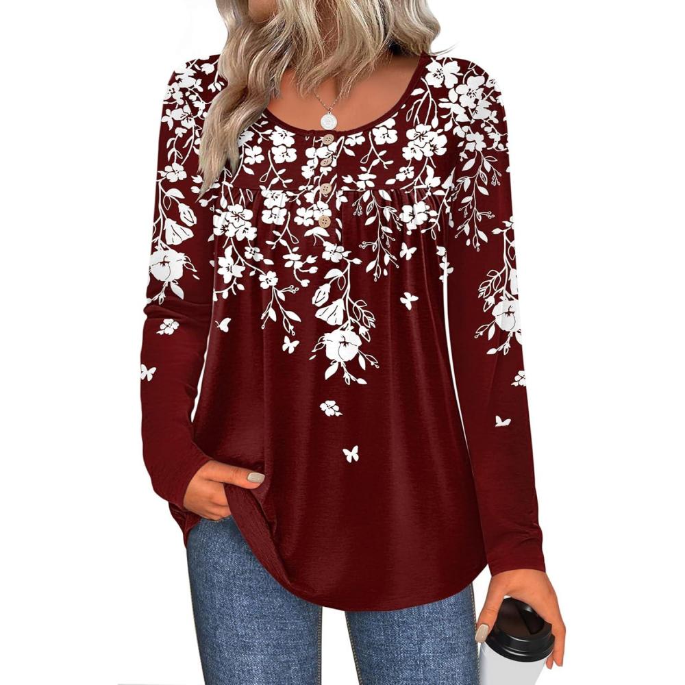 imageZeagoo Long Sleeve Shirts for Women Fall Fashion Dressy Casual Blouses Trendy Pleated Tunic Tops for Leggings 2025Red Flowersf186