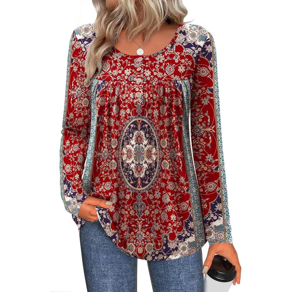imageZeagoo Long Sleeve Shirts for Women Fall Fashion Dressy Casual Blouses Trendy Pleated Tunic Tops for Leggings 2025Red Printmz870