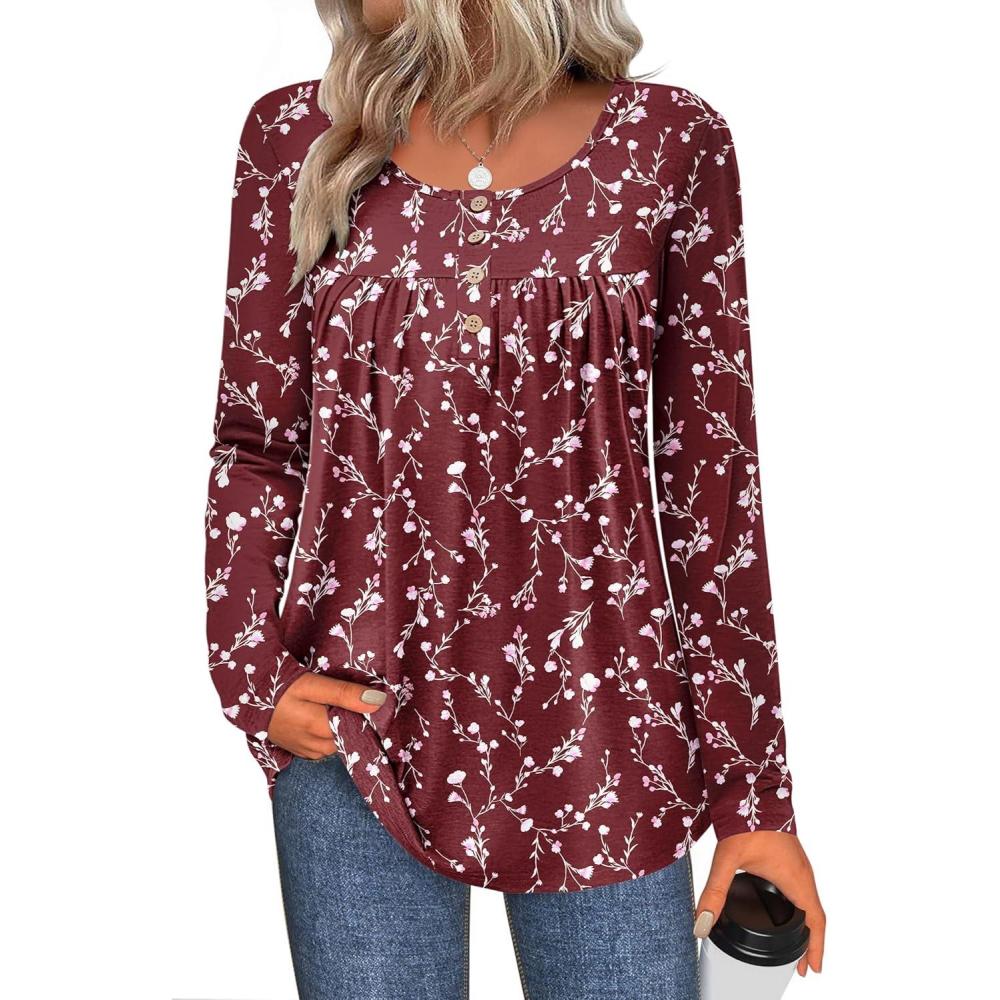 imageZeagoo Long Sleeve Shirts for Women Fall Fashion Dressy Casual Blouses Trendy Pleated Tunic Tops for Leggings 2025Wine Redbf321