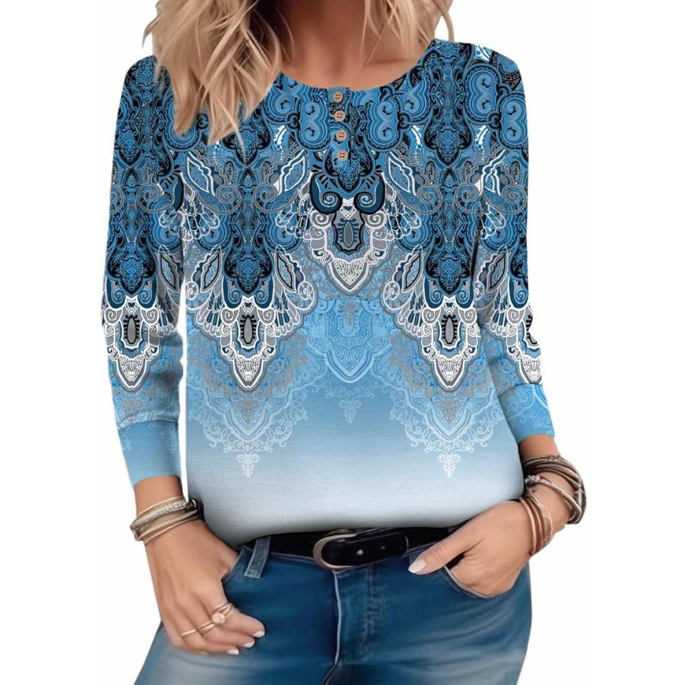 imageZeagoo Long Sleeve Shirts for Women Henley T Shirts Loose Fit Tunics Dressy Casual Work Blouses Fall Fashion TopsBlue Boho