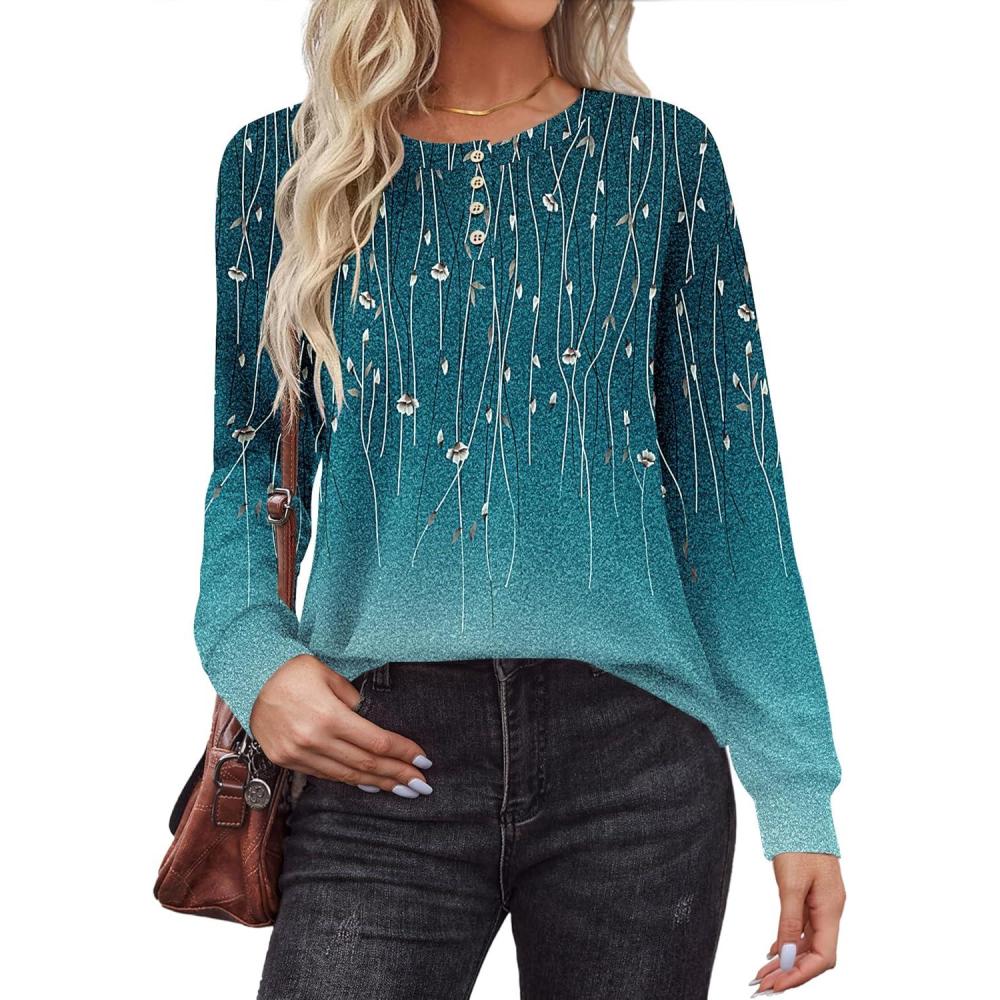 imageZeagoo Long Sleeve Shirts for Women Henley T Shirts Loose Fit Tunics Dressy Casual Work Blouses Fall Fashion TopsBlue Vine