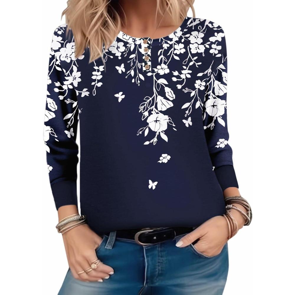imageZeagoo Long Sleeve Shirts for Women Henley T Shirts Loose Fit Tunics Dressy Casual Work Blouses Fall Fashion TopsFloral Navy