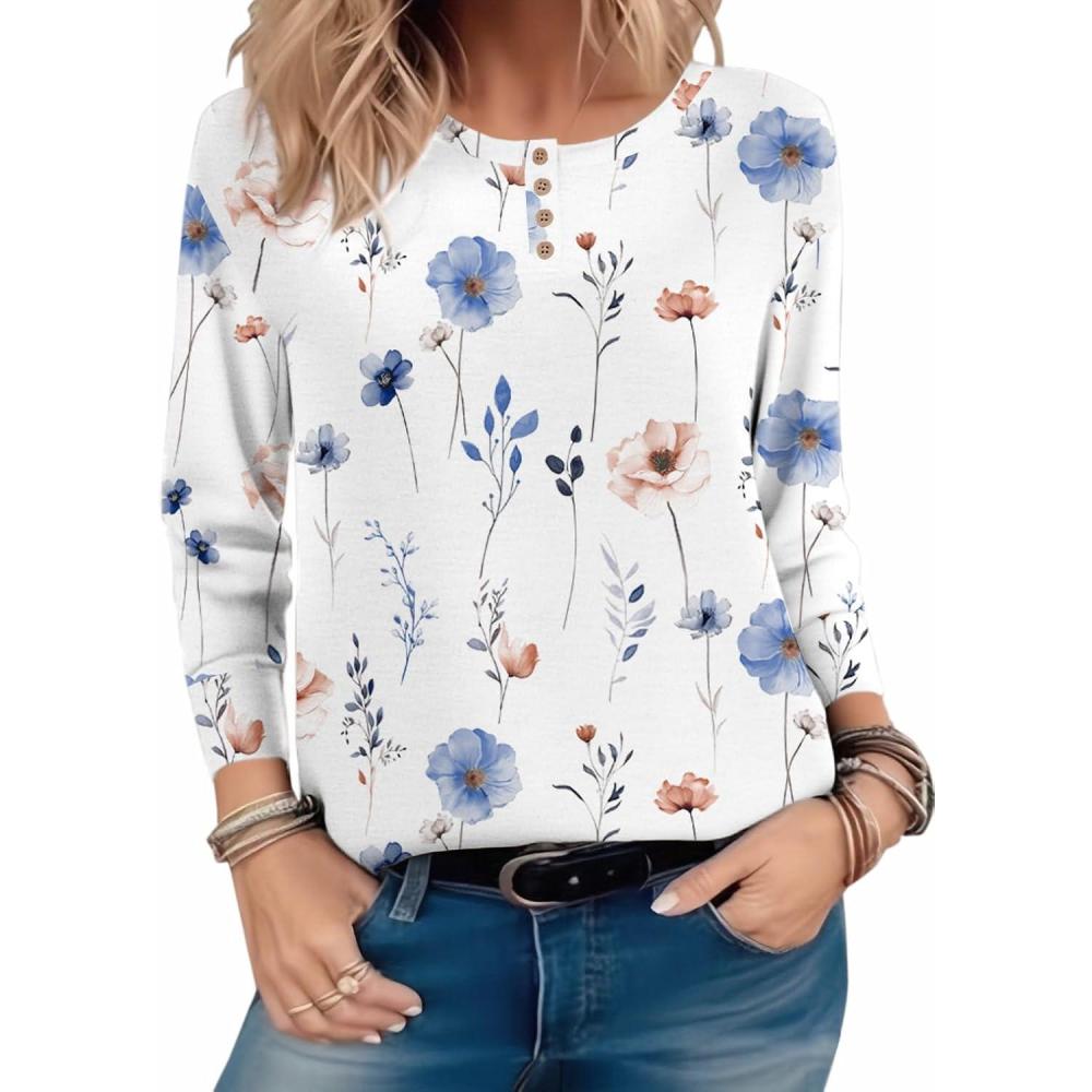 imageZeagoo Long Sleeve Shirts for Women Henley T Shirts Loose Fit Tunics Dressy Casual Work Blouses Fall Fashion TopsFloral White