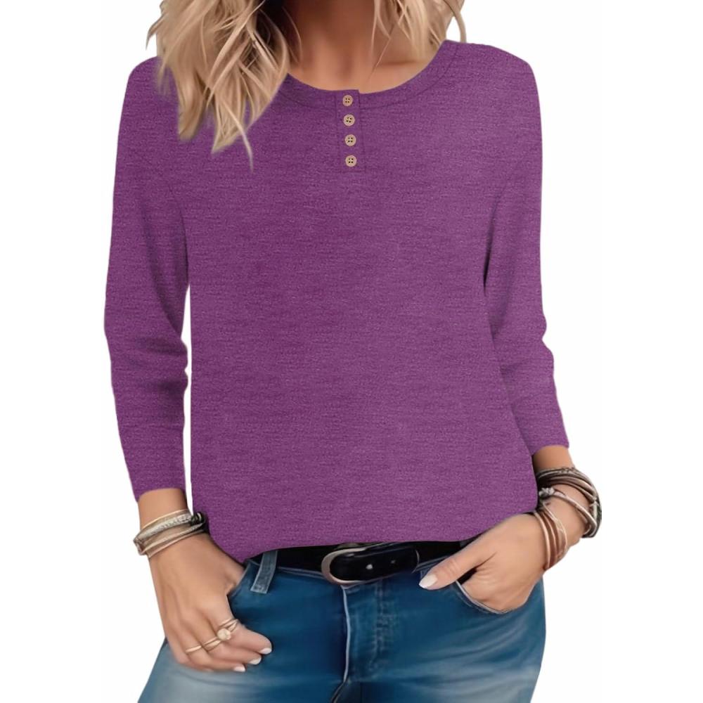 imageZeagoo Long Sleeve Shirts for Women Henley T Shirts Loose Fit Tunics Dressy Casual Work Blouses Fall Fashion TopsPurple