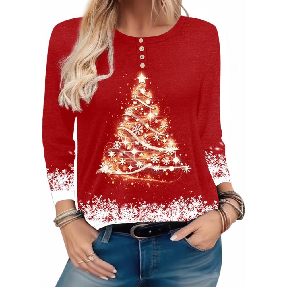 imageZeagoo Long Sleeve Shirts for Women Henley T Shirts Loose Fit Tunics Dressy Casual Work Blouses Fall Fashion TopsRed Christmas Tree