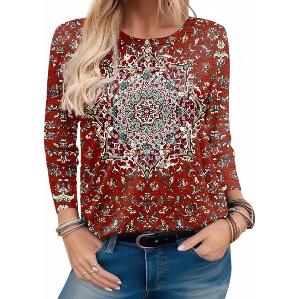 imageZeagoo Long Sleeve Shirts for Women Henley T Shirts Loose Fit Tunics Dressy Casual Work Blouses Fall Fashion TopsRed Ethnic Printed