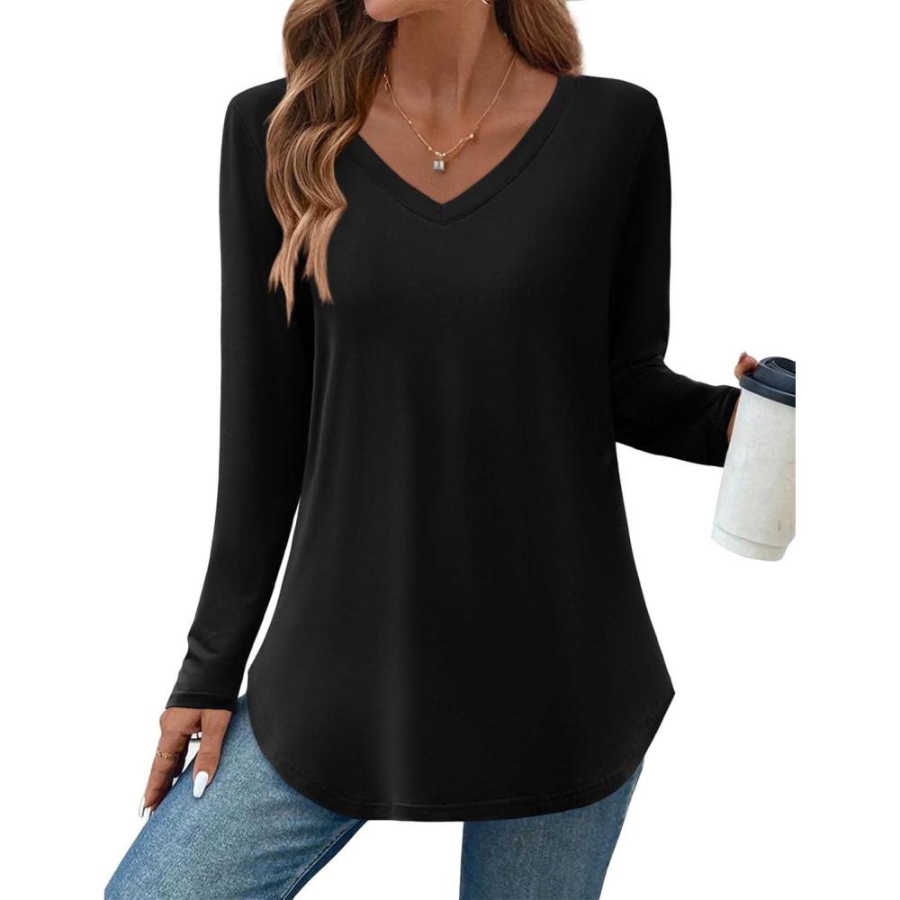 imageZeagoo Long Sleeve Tops for Women V Neck Shirt Loose Fall Tunic Tops Dressy Casual Work Blouse 2026Black