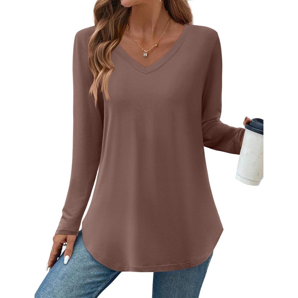 imageZeagoo Long Sleeve Tops for Women V Neck Shirt Loose Fall Tunic Tops Dressy Casual Work Blouse 2026Brown