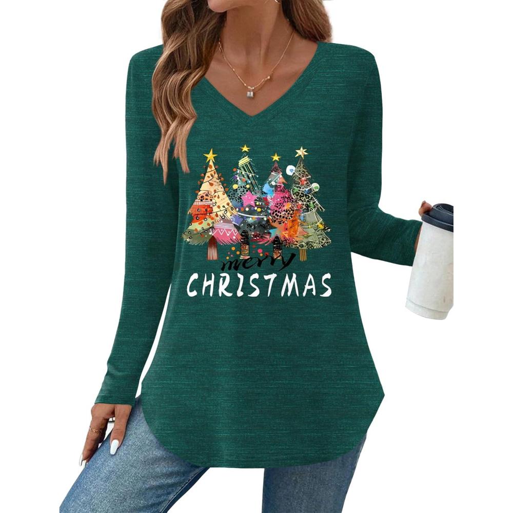 imageZeagoo Long Sleeve Tops for Women V Neck Shirt Loose Fall Tunic Tops Dressy Casual Work Blouse 2026Christmas Green