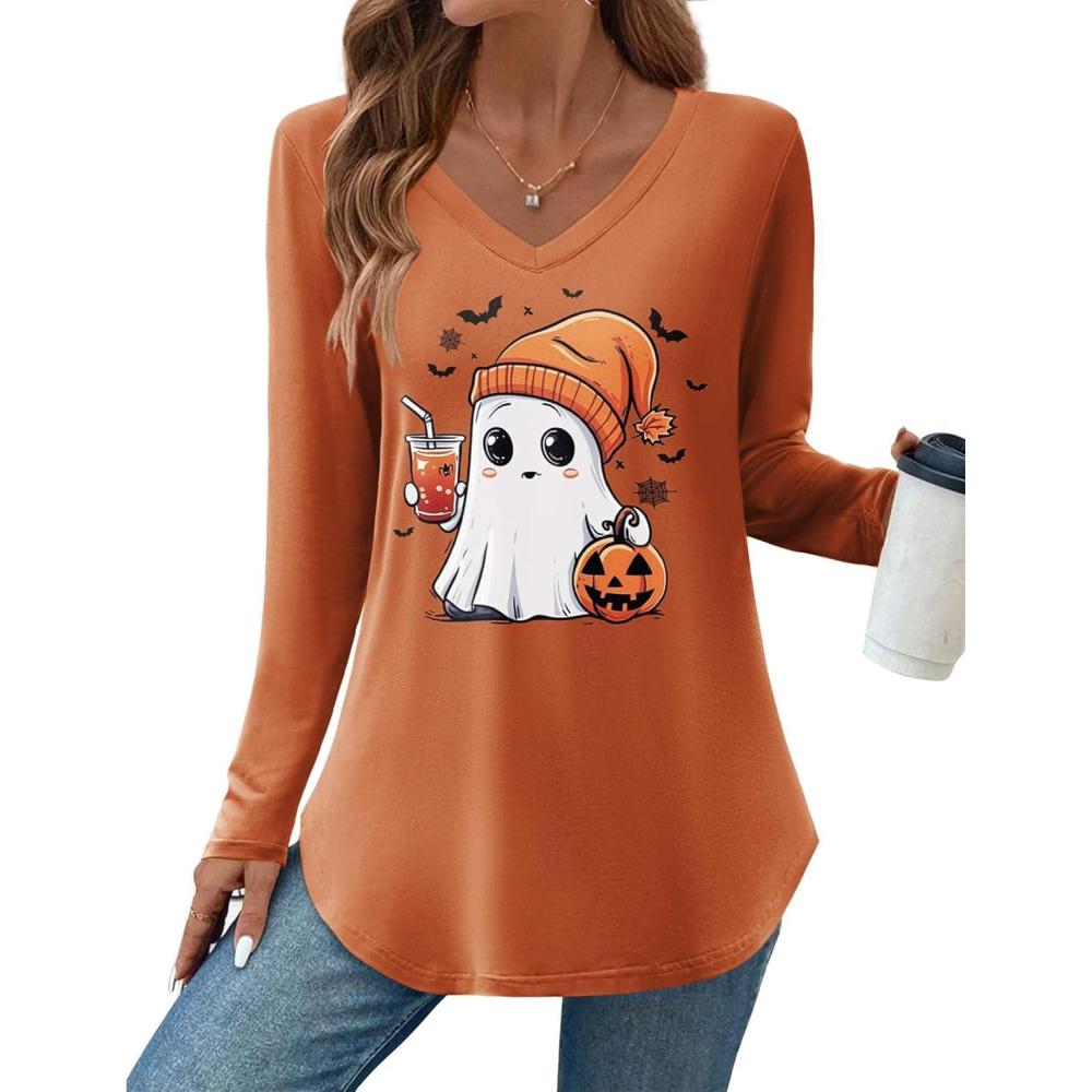 imageZeagoo Long Sleeve Tops for Women V Neck Shirt Loose Fall Tunic Tops Dressy Casual Work Blouse 2026Orange Spooky