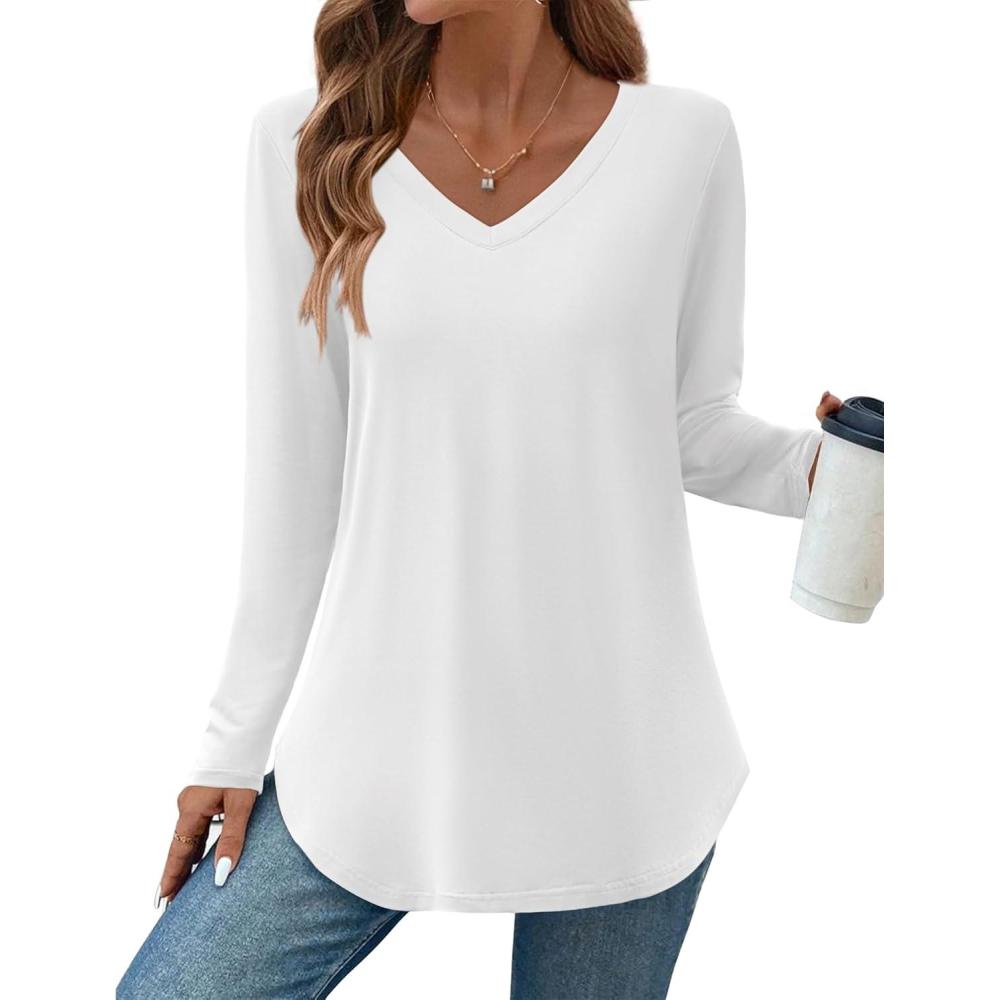 imageZeagoo Long Sleeve Tops for Women V Neck Shirt Loose Fall Tunic Tops Dressy Casual Work Blouse 2026White